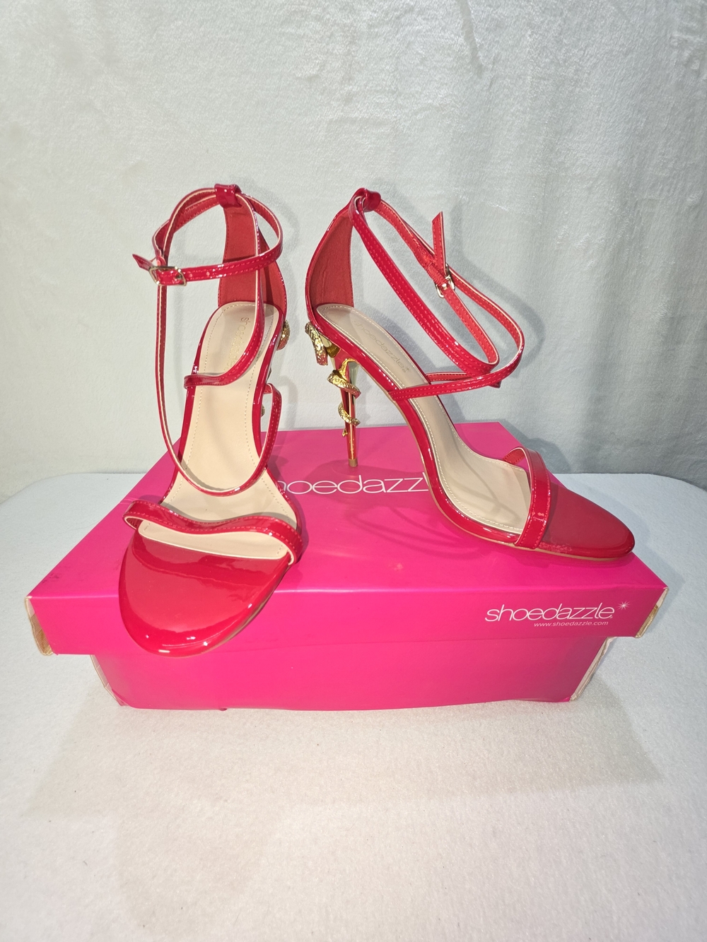 Shoe Dazzle Red Patent Strappy High Heel Sandals Gold Snake Shaped Stiletto NEW - Picture 3 of 14